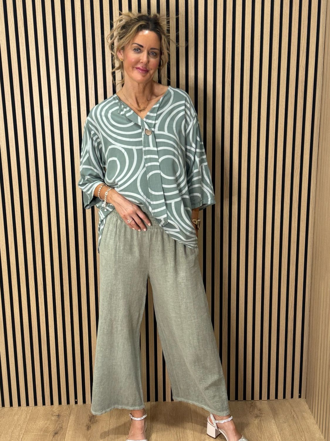 Linen Blend Wide Leg Trousers - Khaki