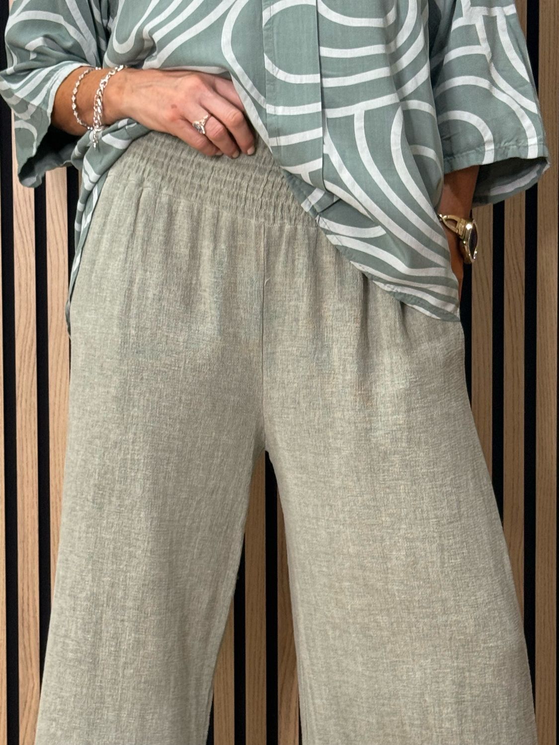 Linen Blend Wide Leg Trousers - Khaki