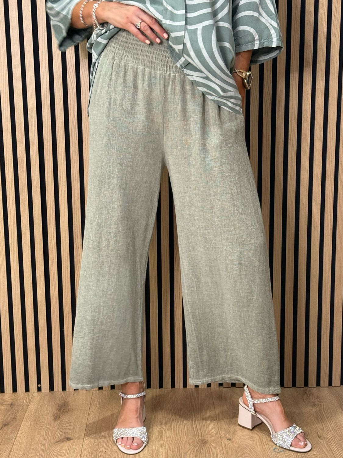 Linen Blend Wide Leg Trousers - Khaki
