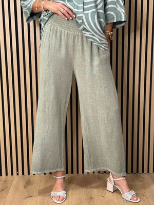 Linen Blend Wide Leg Trousers - Khaki