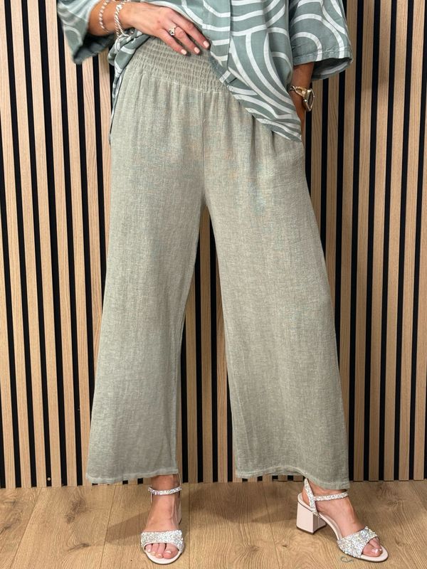 Linen Blend Wide Leg Trousers - Khaki