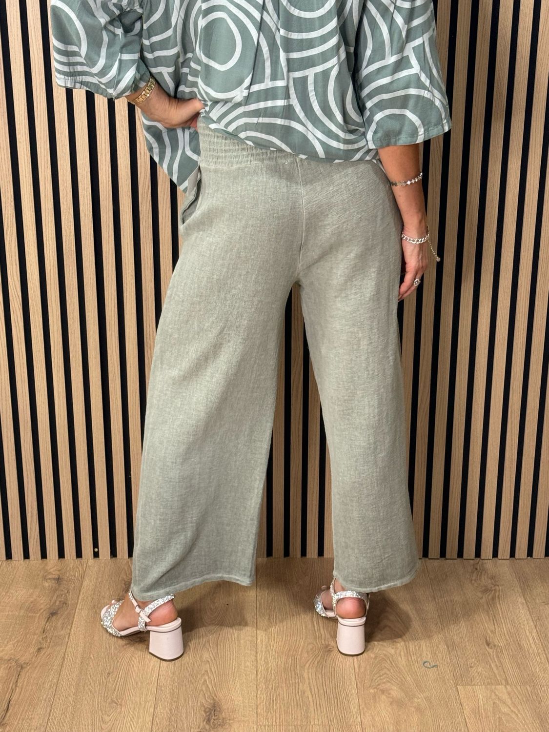 Linen Blend Wide Leg Trousers - Khaki