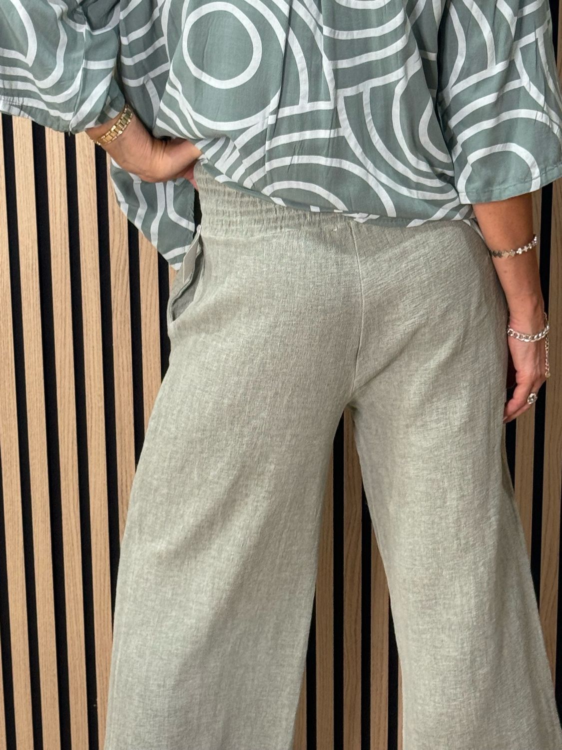 Linen Blend Wide Leg Trousers - Khaki