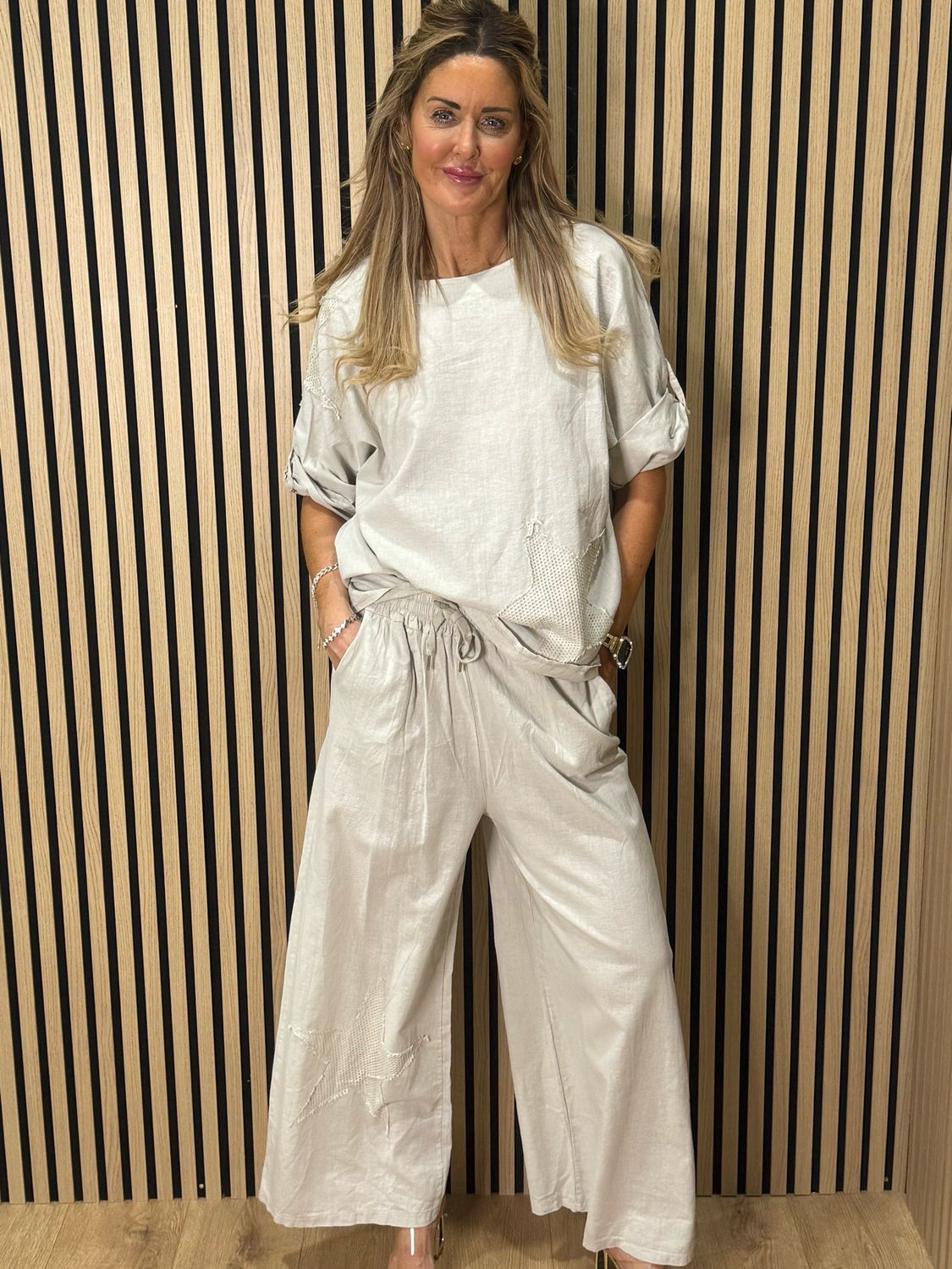 Star Detail Trouser Suit - Stone