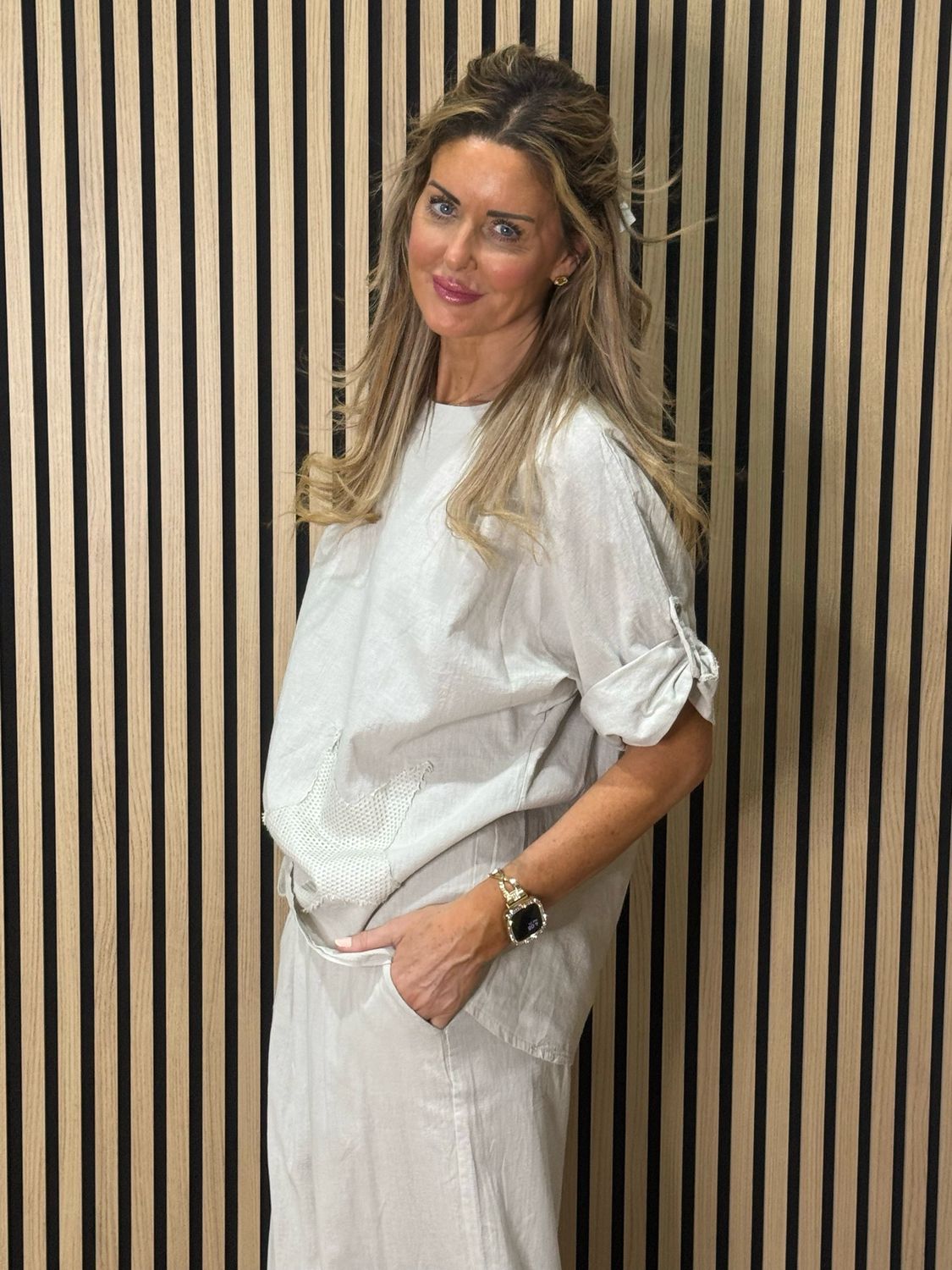 Star Detail Trouser Suit - Stone