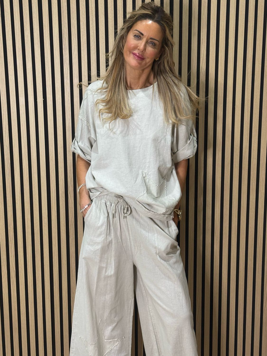 Star Detail Trouser Suit - Stone