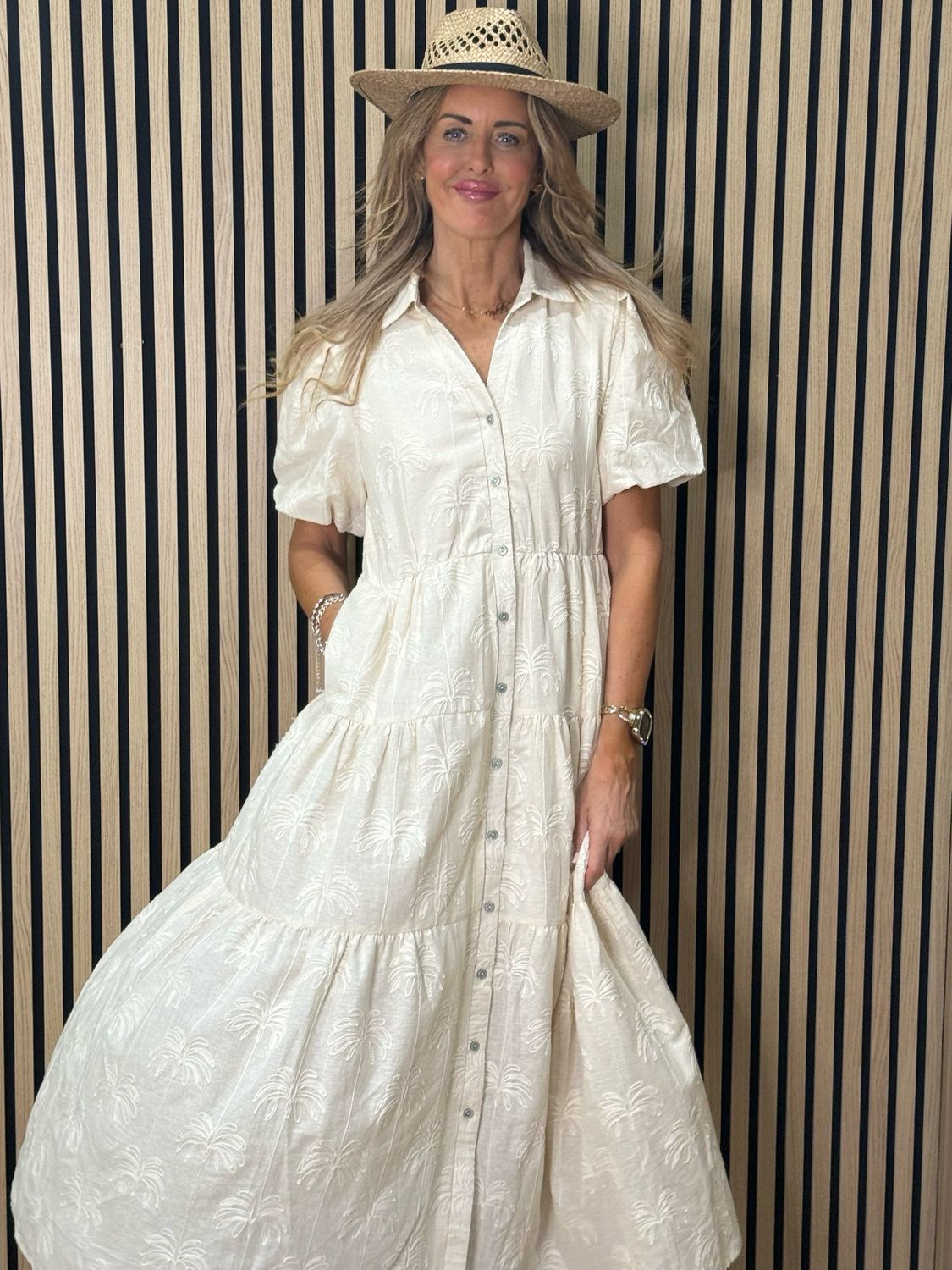 Palm Embroidered Cotton Maxi Dress - Cream