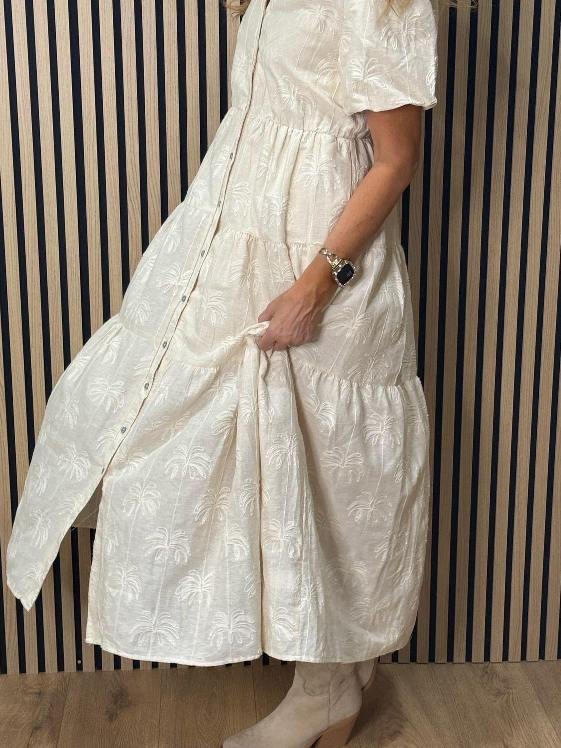 Palm Embroidered Cotton Maxi Dress - Cream