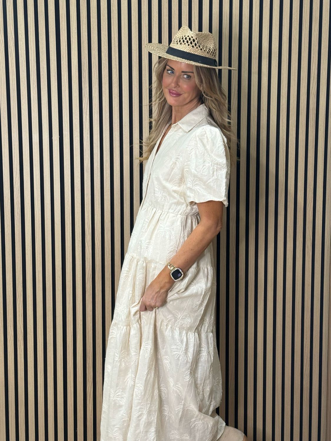 Palm Embroidered Cotton Maxi Dress - Cream