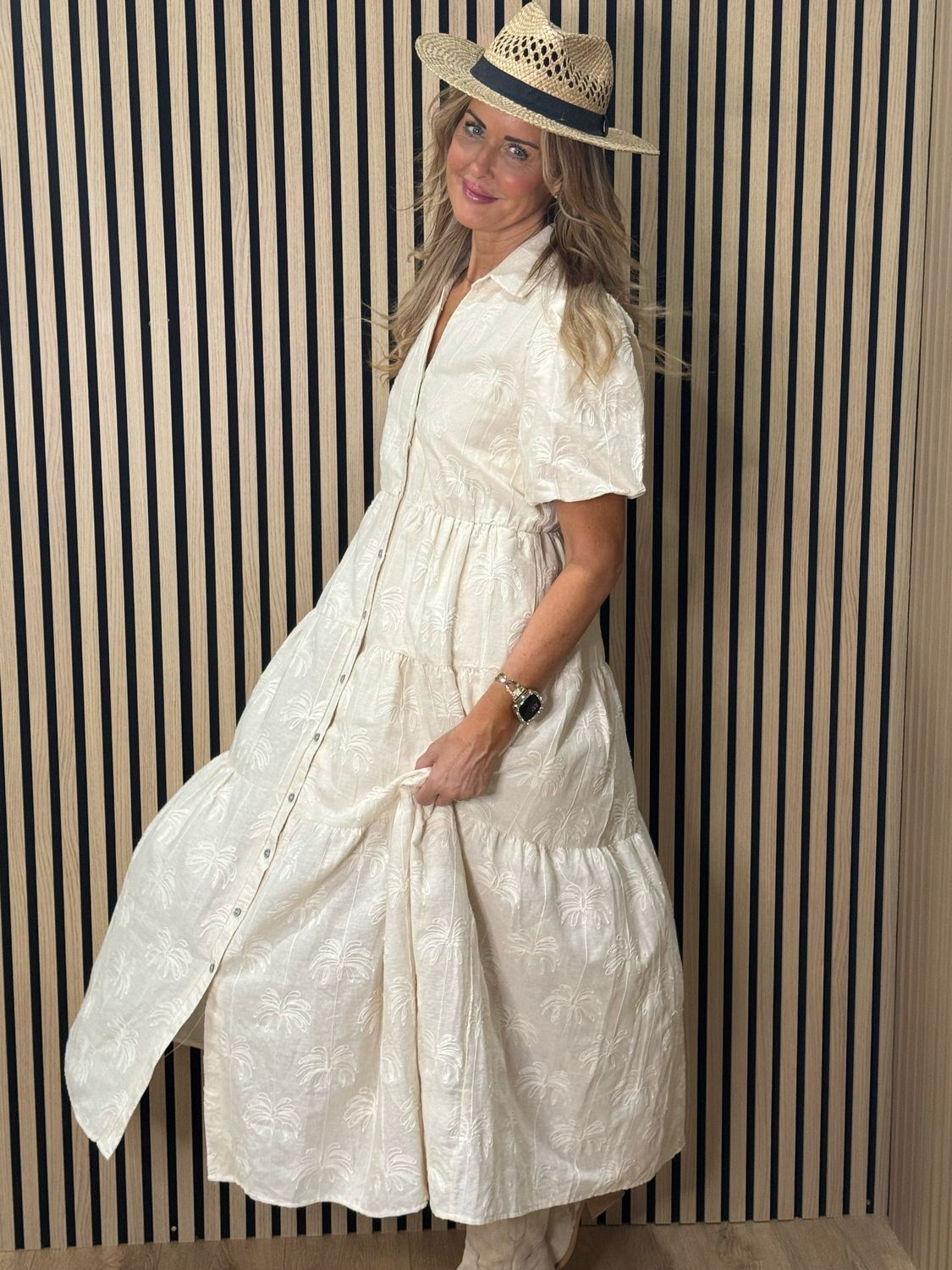 Palm Embroidered Cotton Maxi Dress - Cream