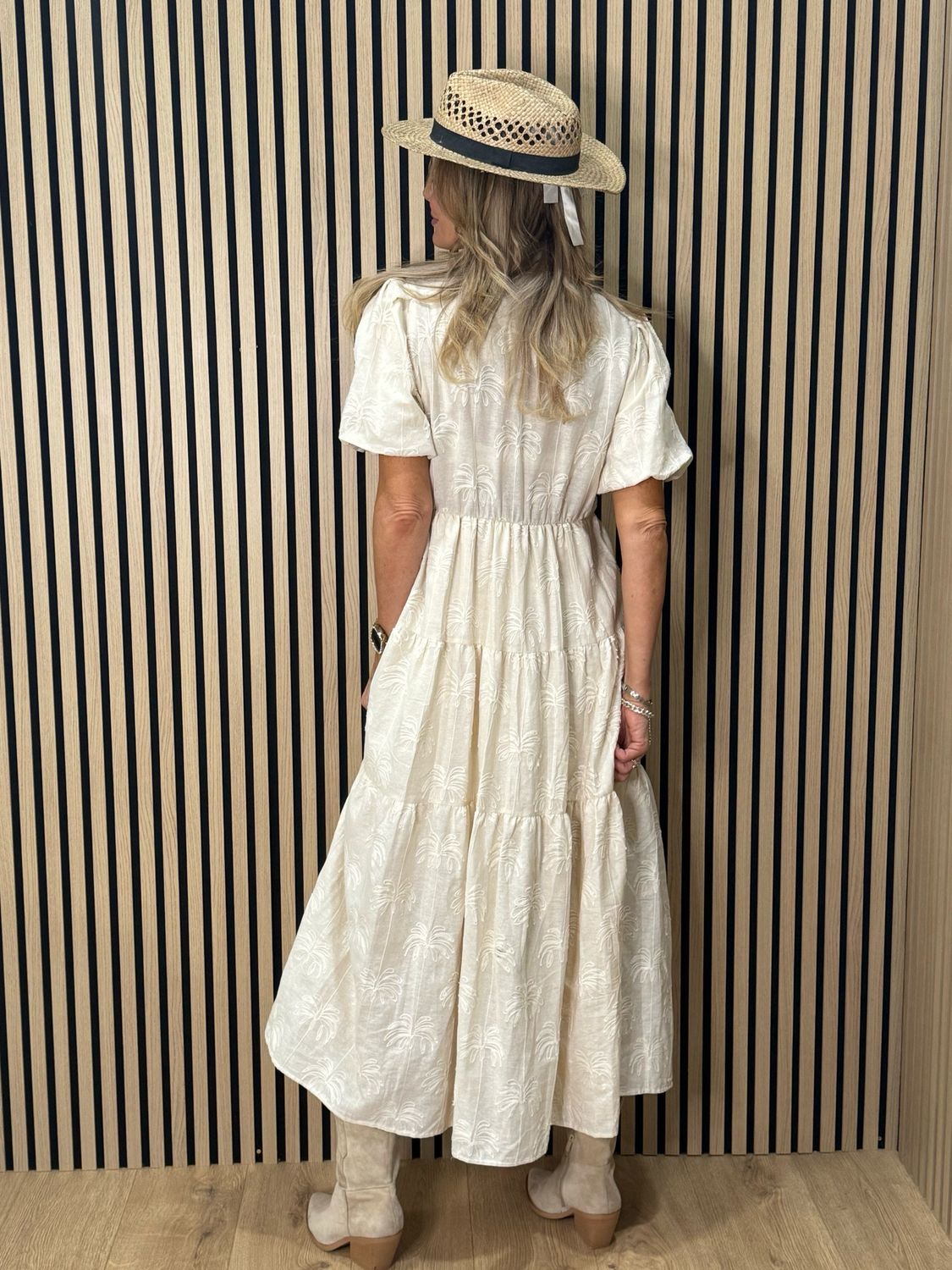 Palm Embroidered Cotton Maxi Dress - Cream