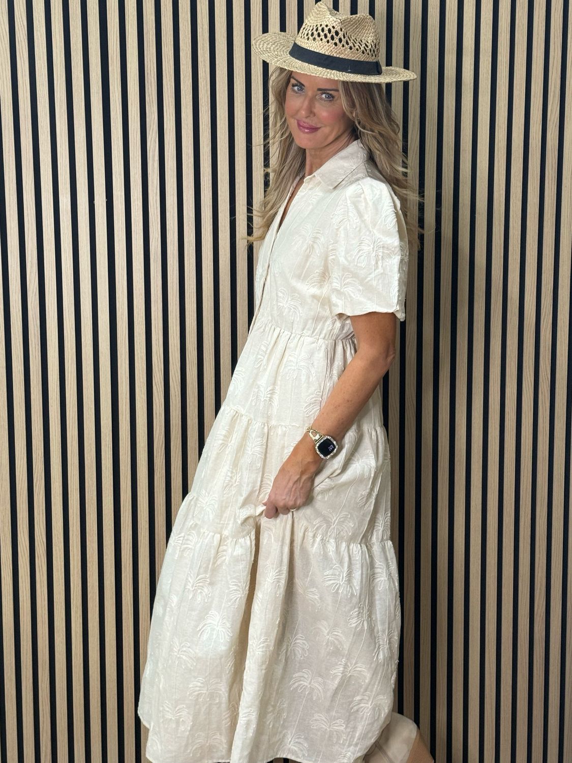 Palm Embroidered Cotton Maxi Dress - Cream