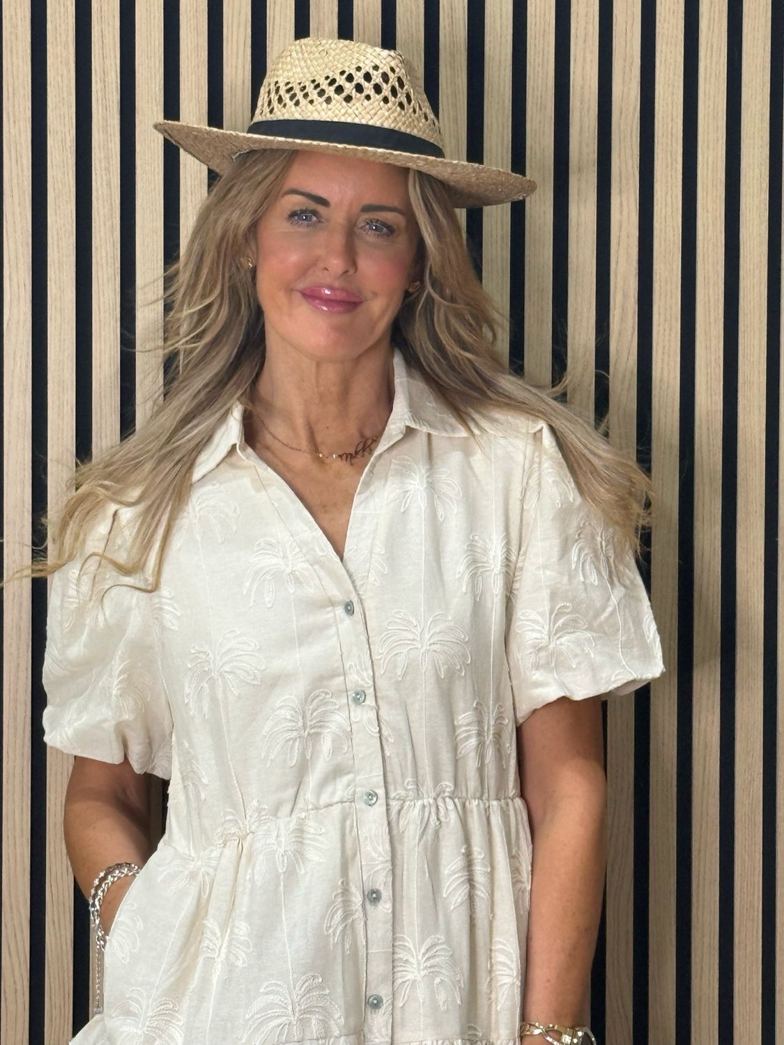 Palm Embroidered Cotton Maxi Dress - Cream