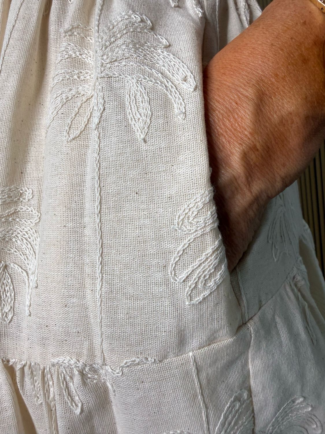 Palm Embroidered Cotton Maxi Dress - Cream
