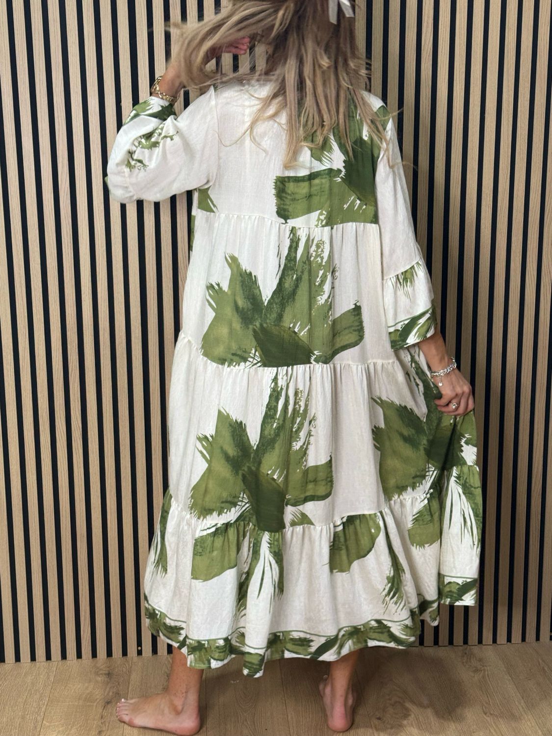 Palm Print Tiered Midi Dress - Khaki/White
