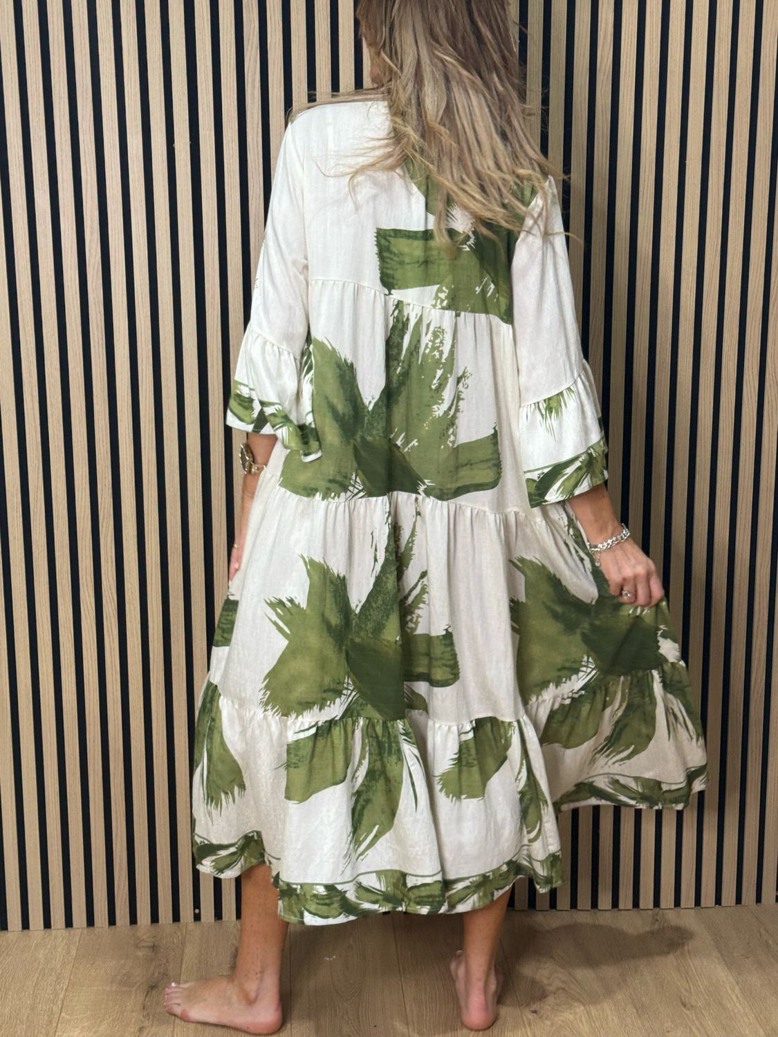 Palm Print Tiered Midi Dress - Khaki/White