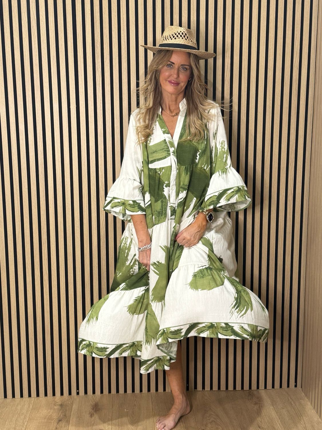 Palm Print Tiered Midi Dress - Khaki/White