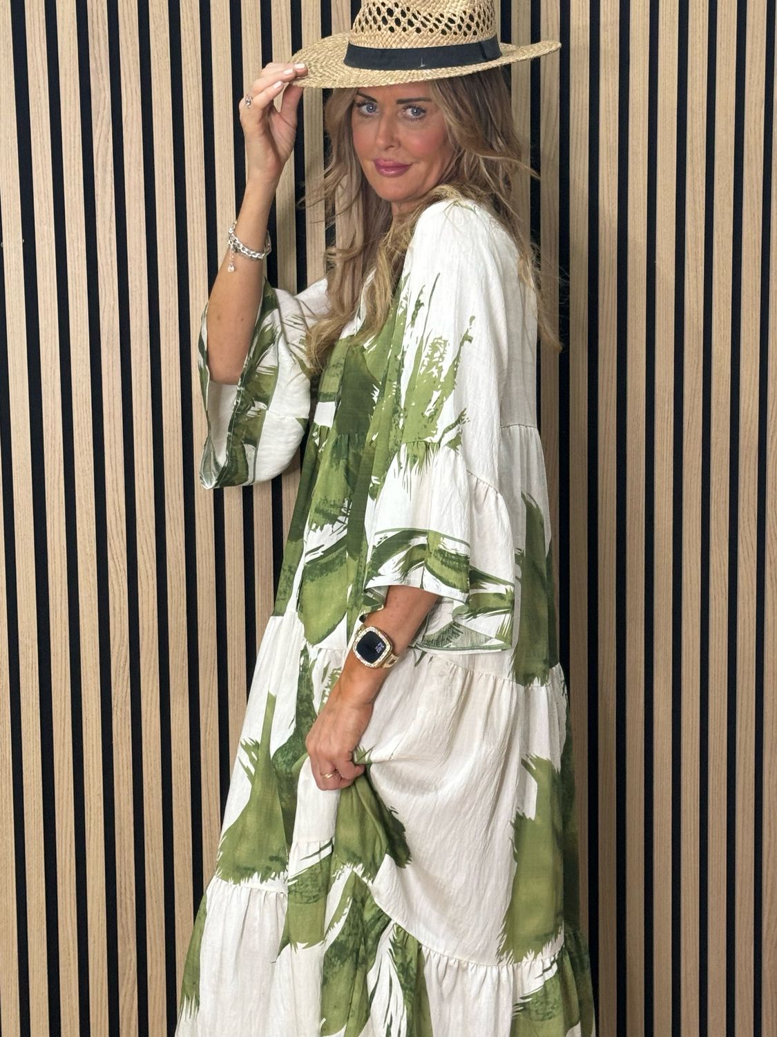 Palm Print Tiered Midi Dress - Khaki/White