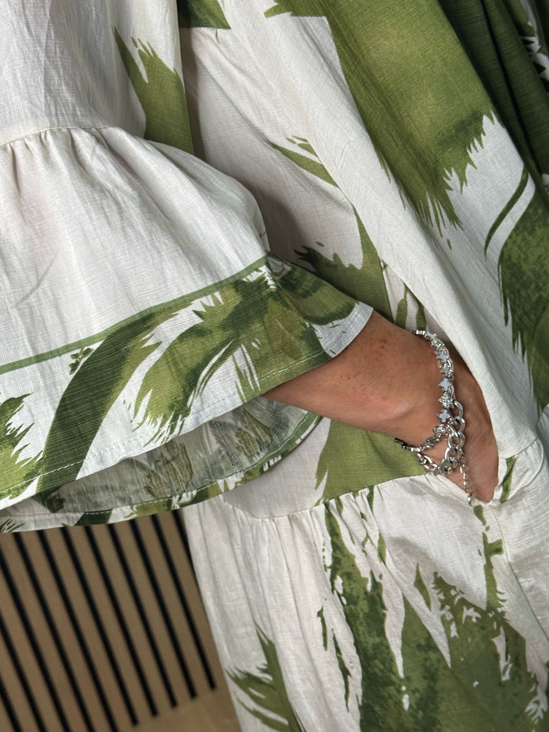 Palm Print Tiered Midi Dress - Khaki/White