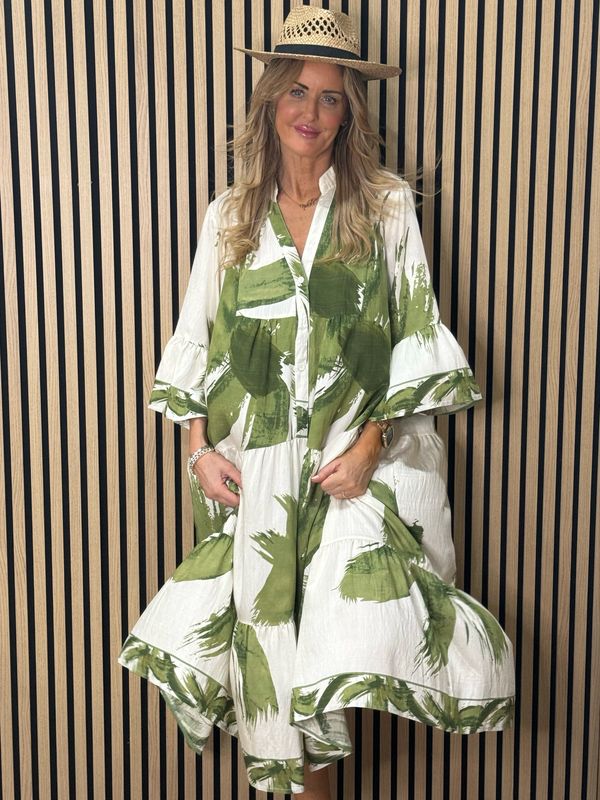 Palm Print Tiered Midi Dress - Khaki/White