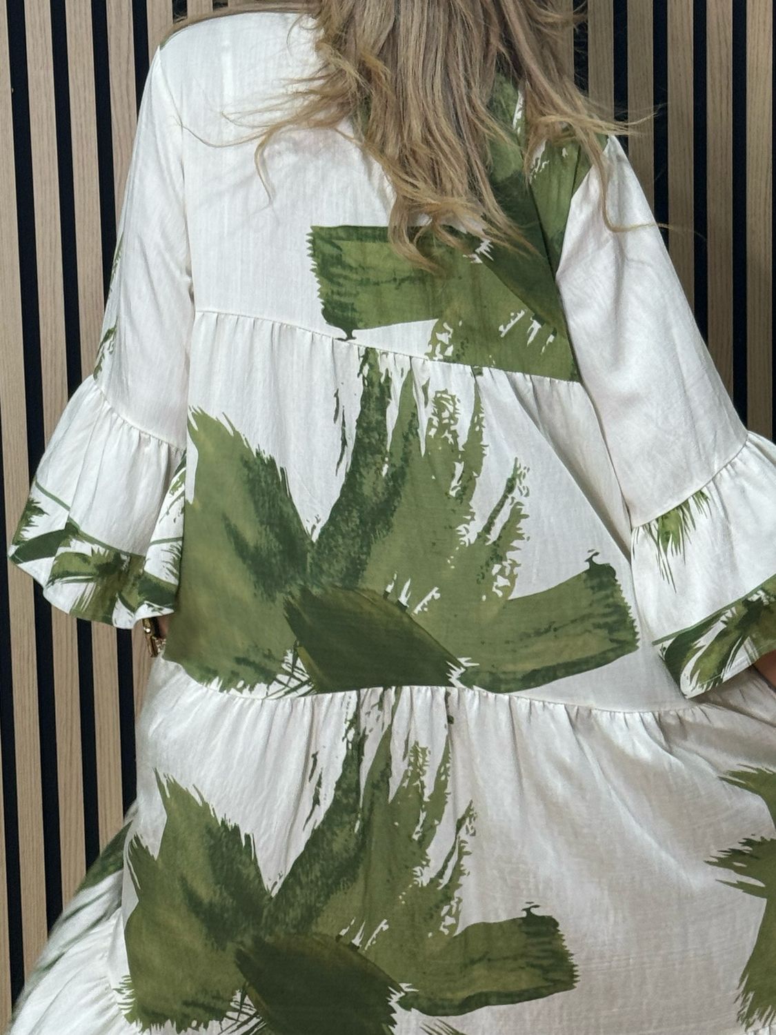 Palm Print Tiered Midi Dress - Khaki/White