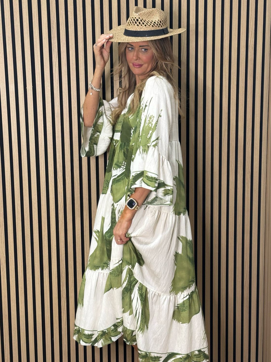 Palm Print Tiered Midi Dress - Khaki/White