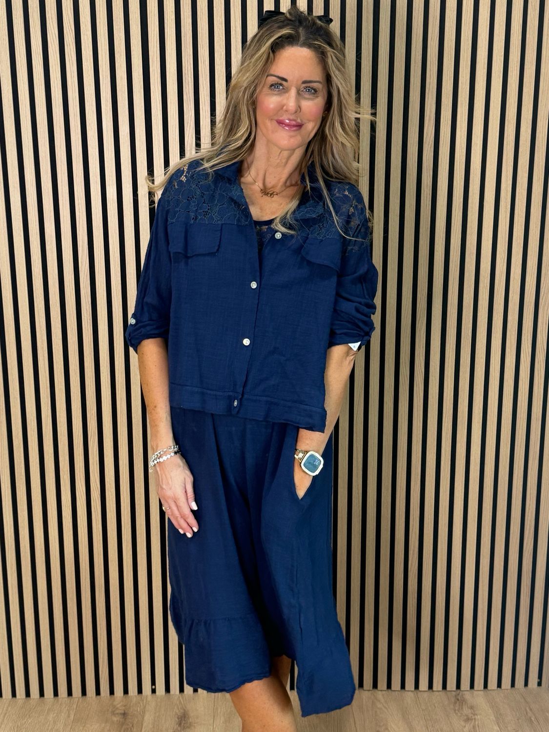 Lace Detail Co-Ord Dress Set - Navy