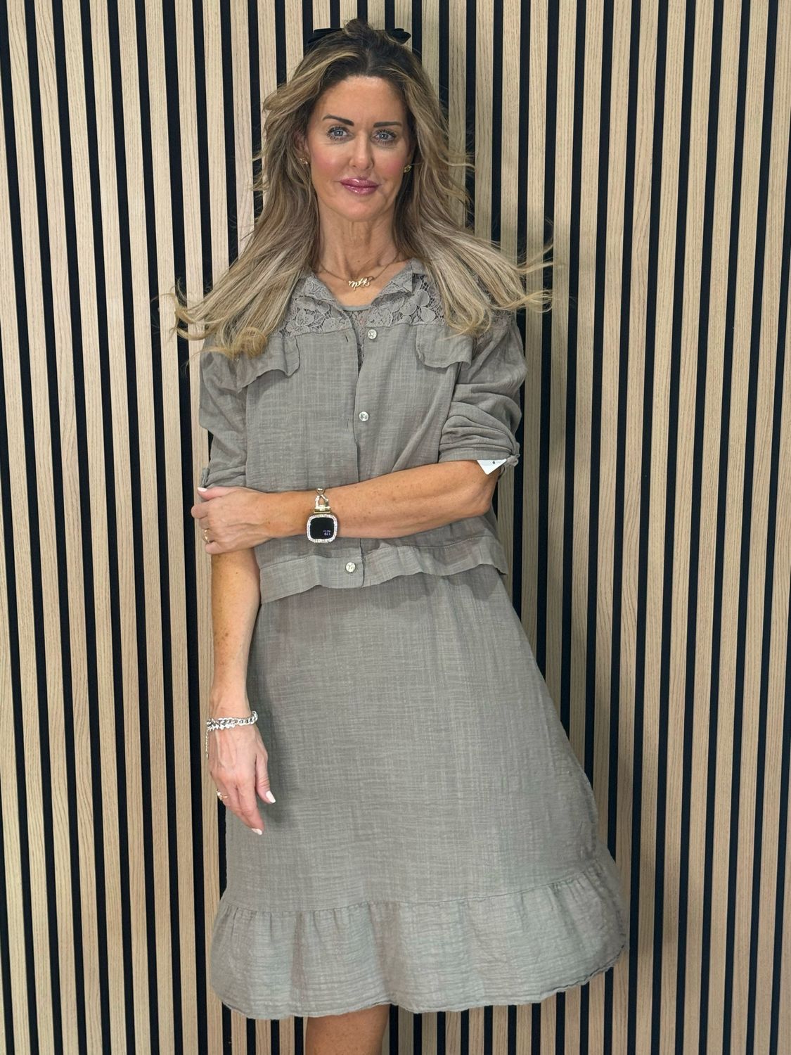 Lace Detail Co-Ord Dress Set - Taupe