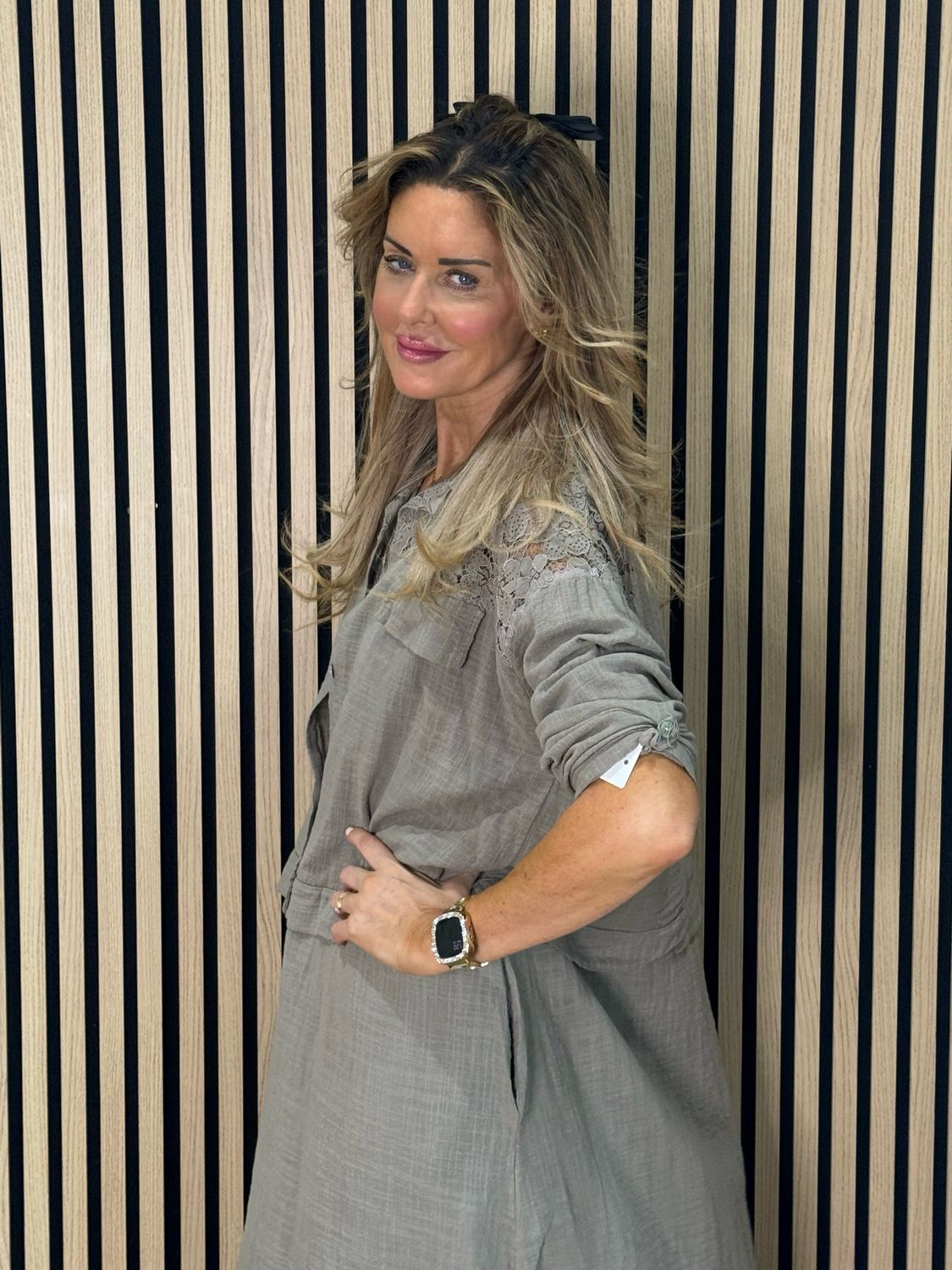 Lace Detail Co-Ord Dress Set - Taupe