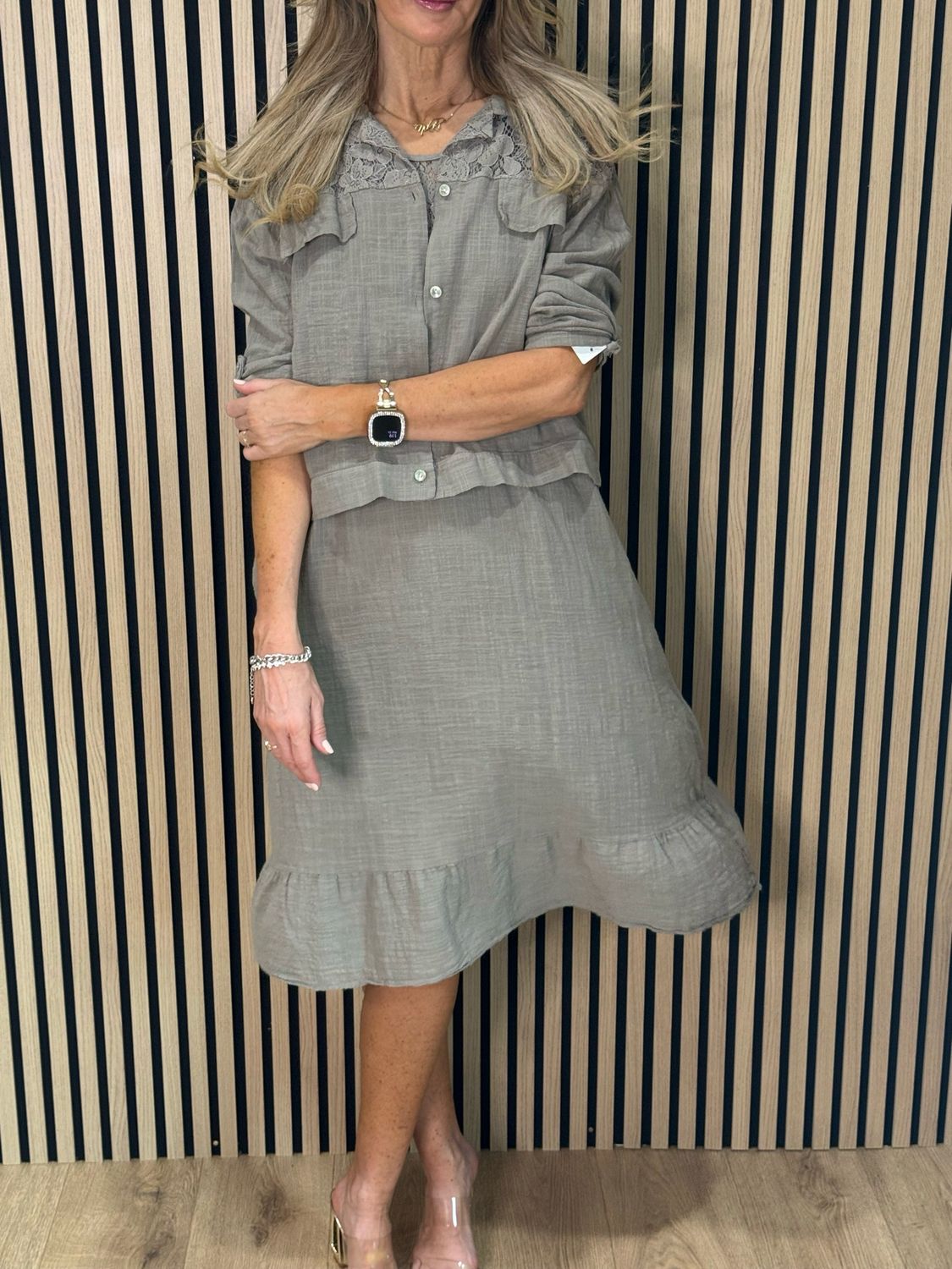 Lace Detail Co-Ord Dress Set - Taupe