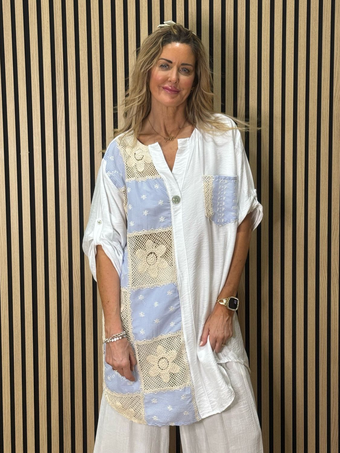 Crochet Patch Pullover Shirt - White