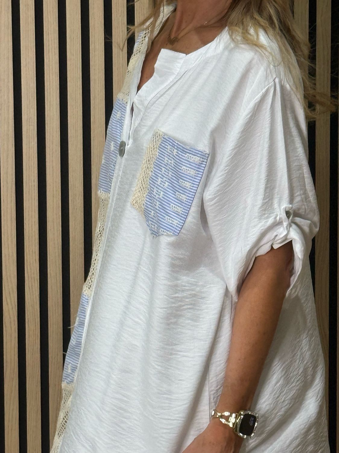 Crochet Patch Pullover Shirt - White