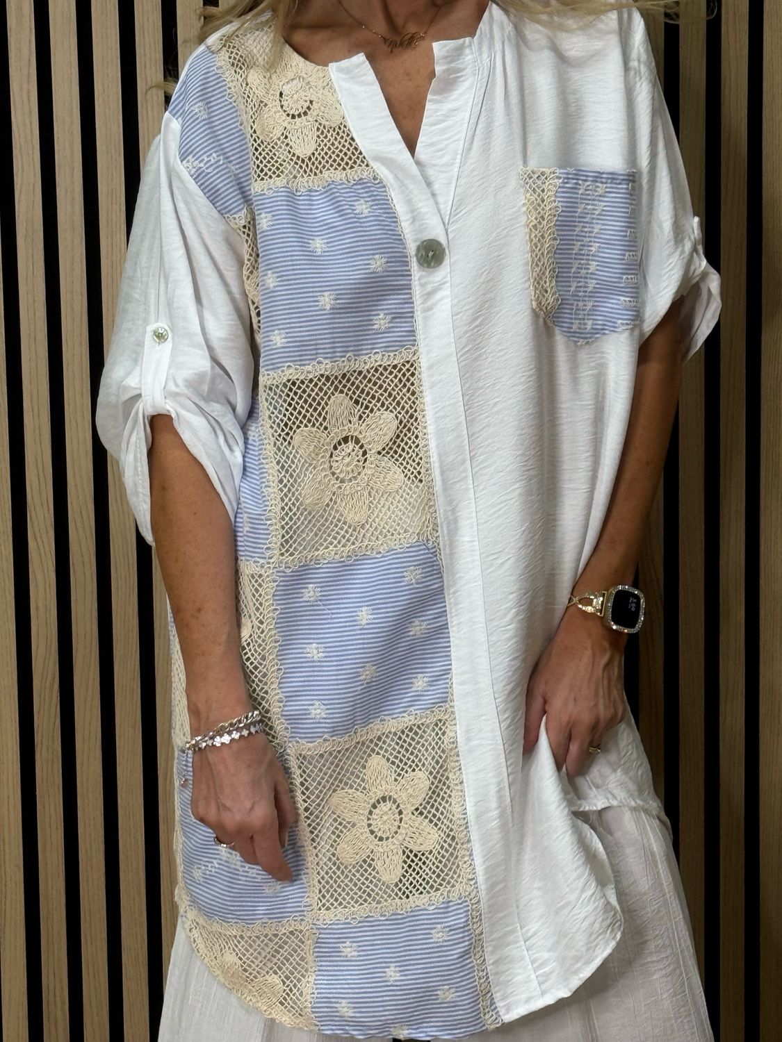 Crochet Patch Pullover Shirt - White