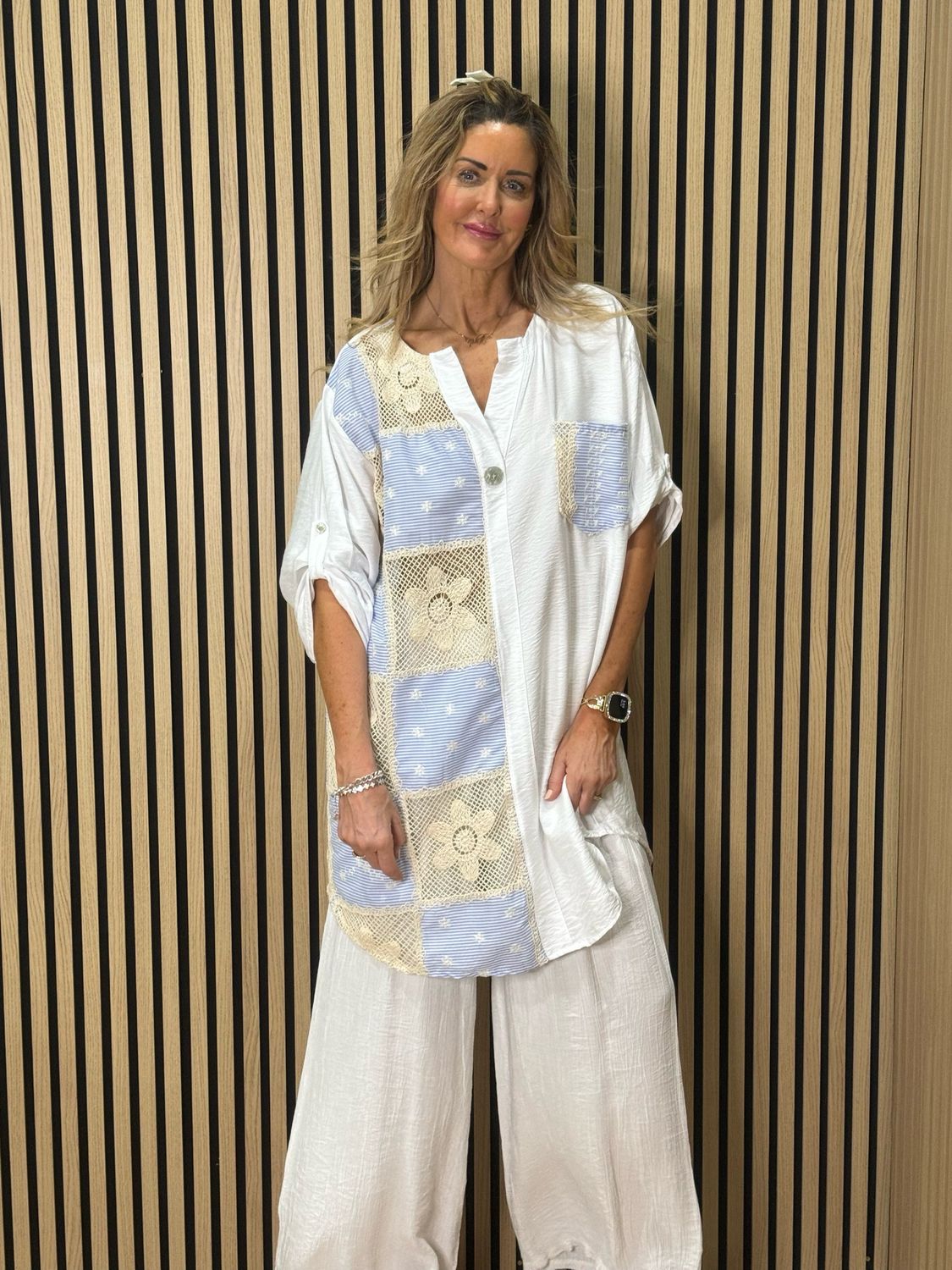 Crochet Patch Pullover Shirt - White