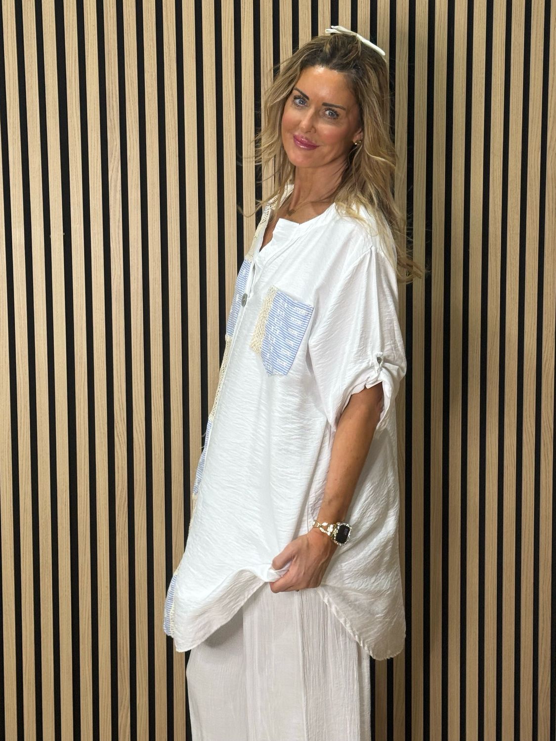 Crochet Patch Pullover Shirt - White