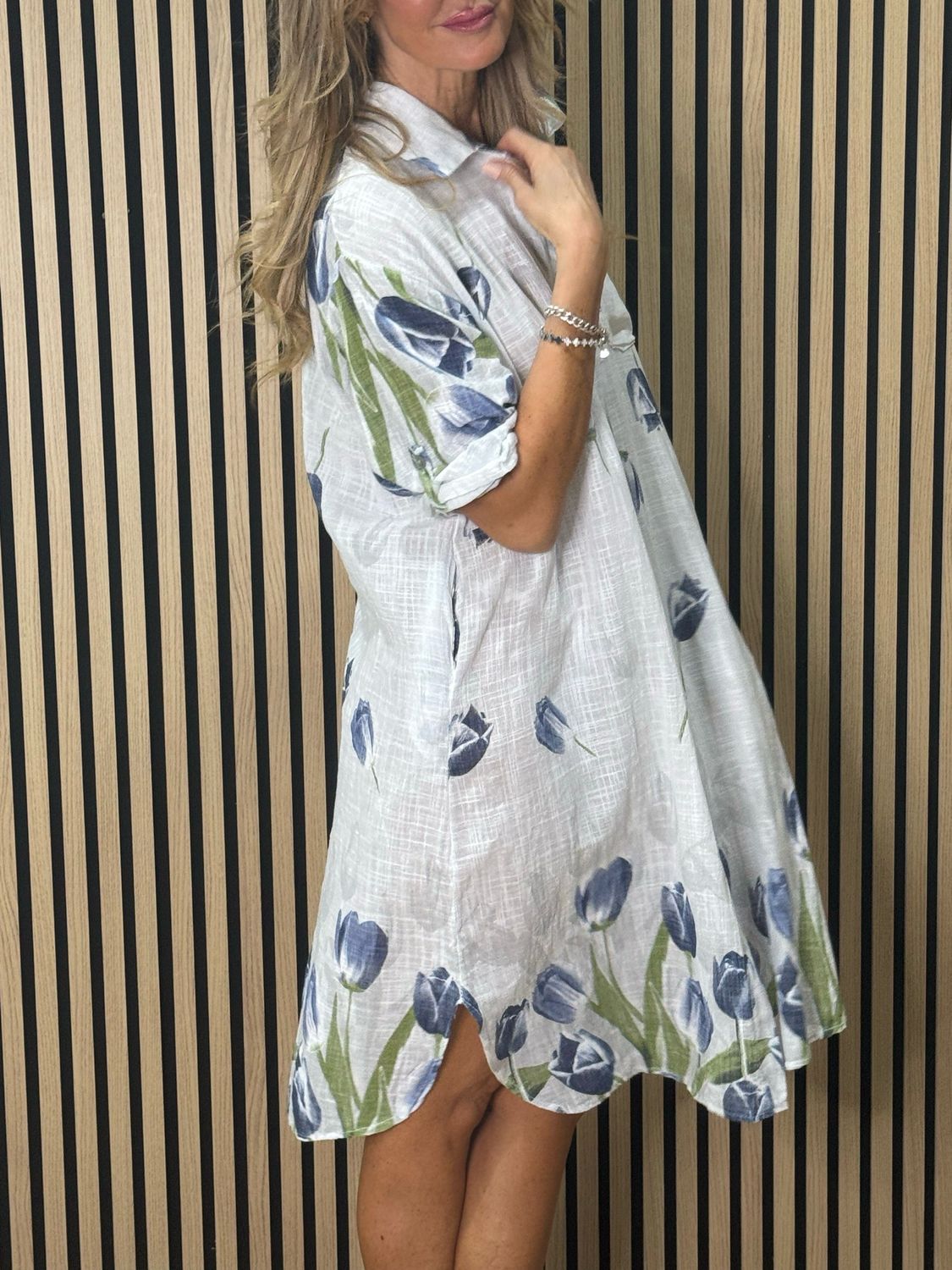 Tulip Print Shirt Dress - White