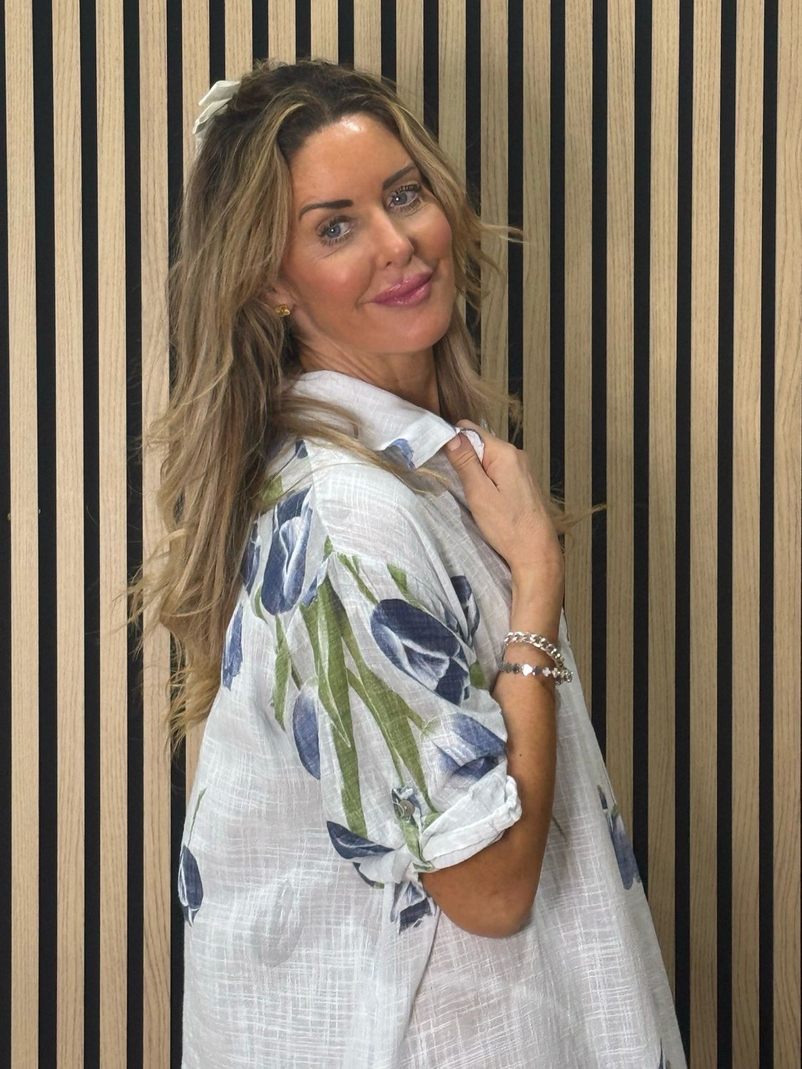 Tulip Print Shirt Dress - White