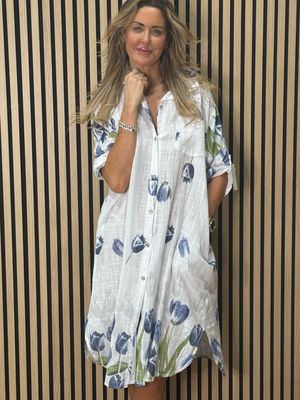 Tulip Print Shirt Dress - White