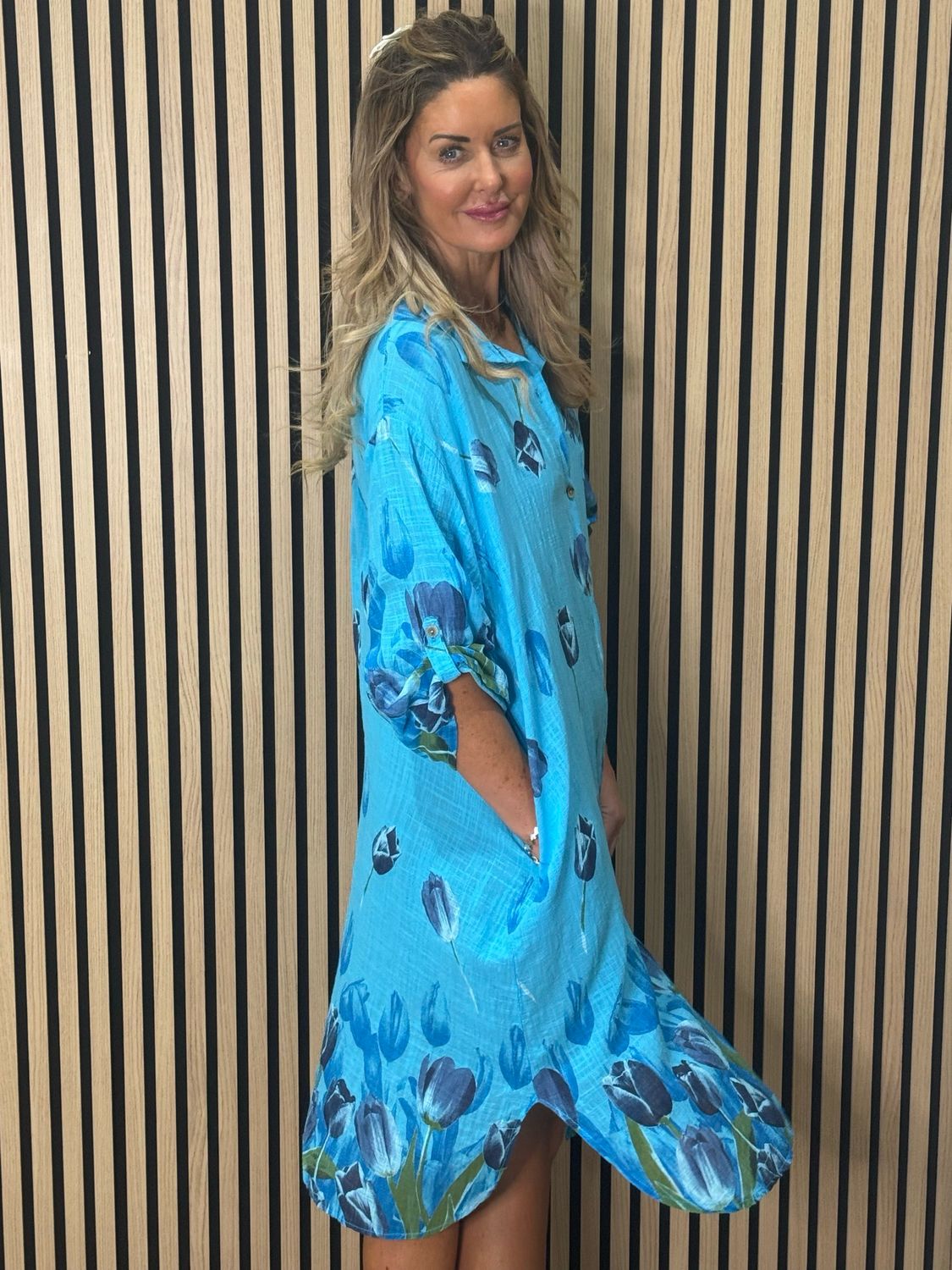 Tulip Print Shirt Dress - Aqua