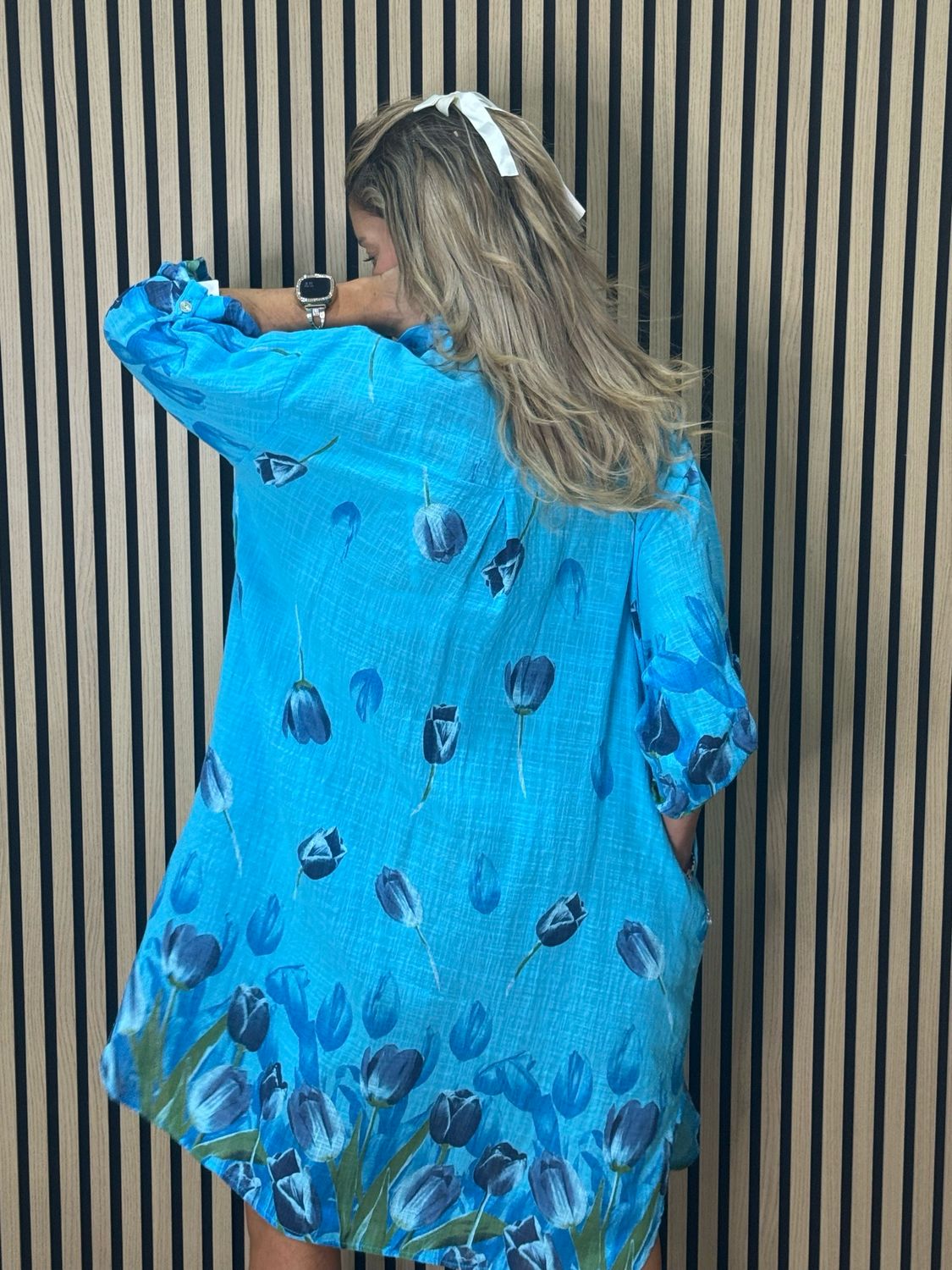 Tulip Print Shirt Dress - Aqua