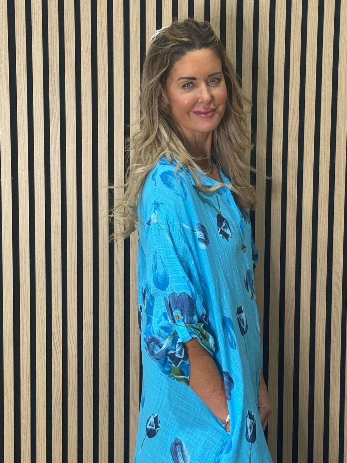 Tulip Print Shirt Dress - Aqua