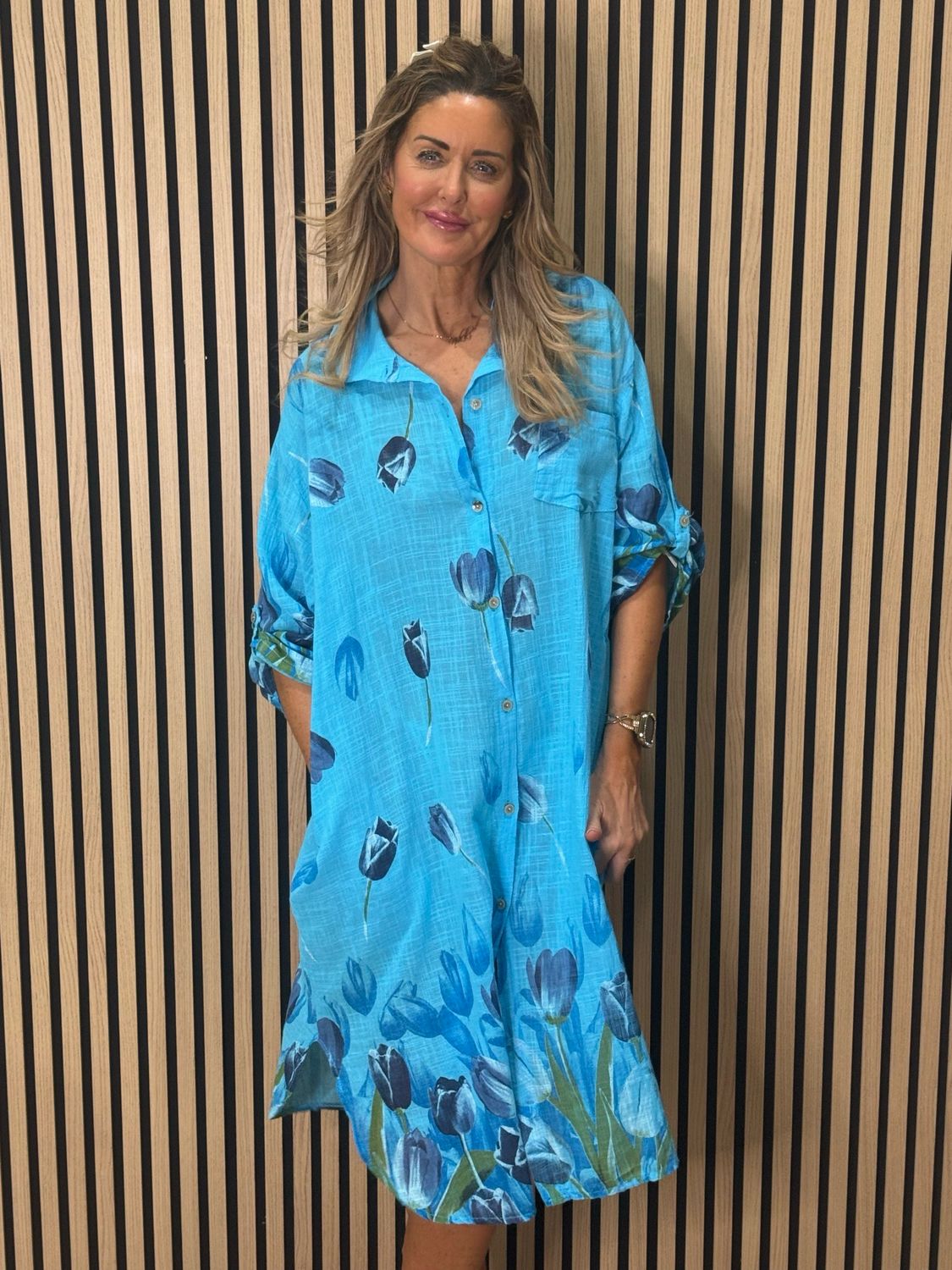 Tulip Print Shirt Dress - Aqua
