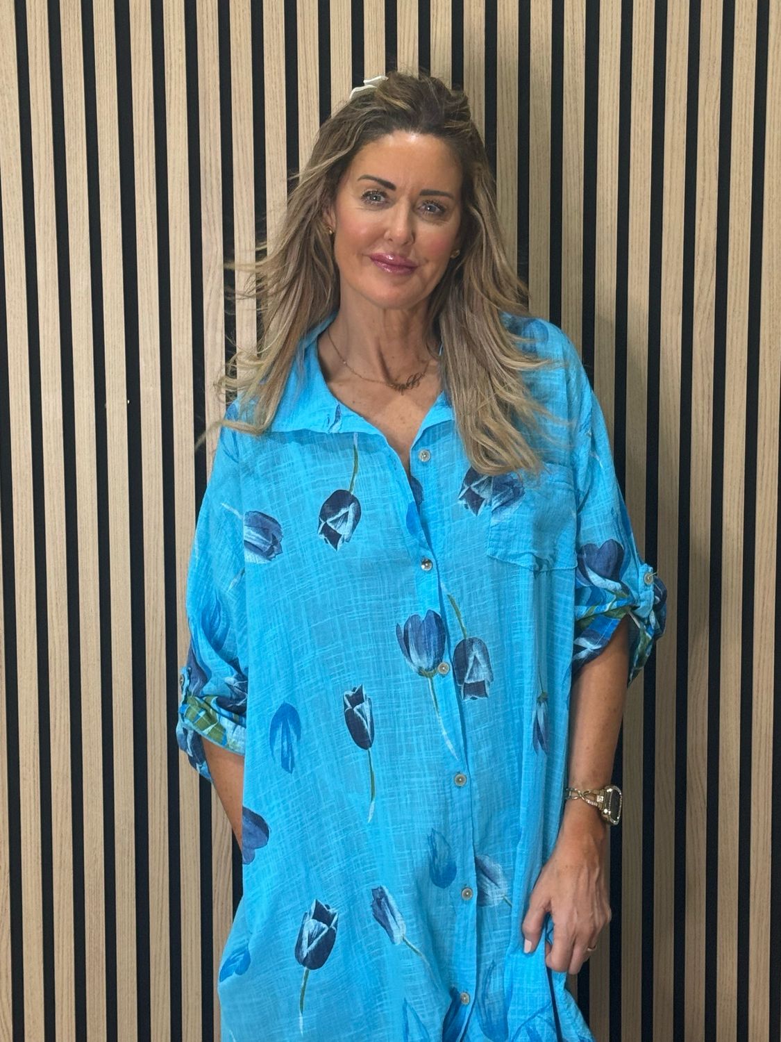 Tulip Print Shirt Dress - Aqua