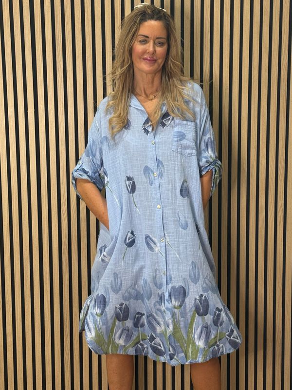 Tulip Print Shirt  Dress - Sky Blue