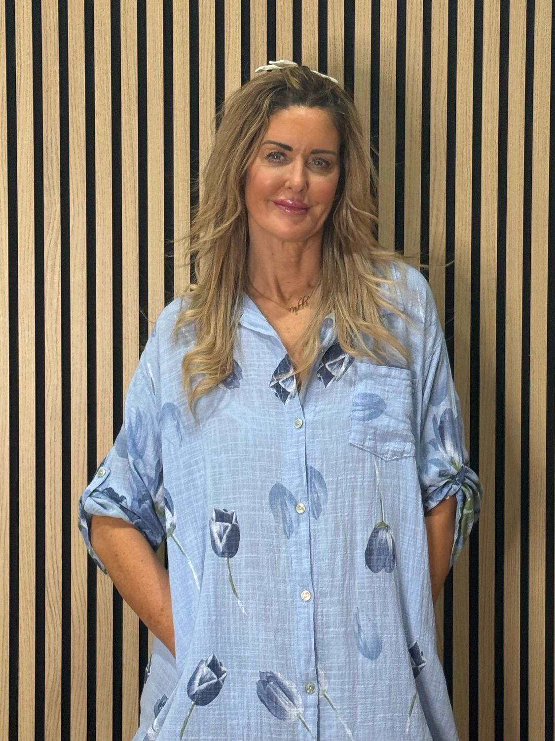 Tulip Print Shirt  Dress - Sky Blue