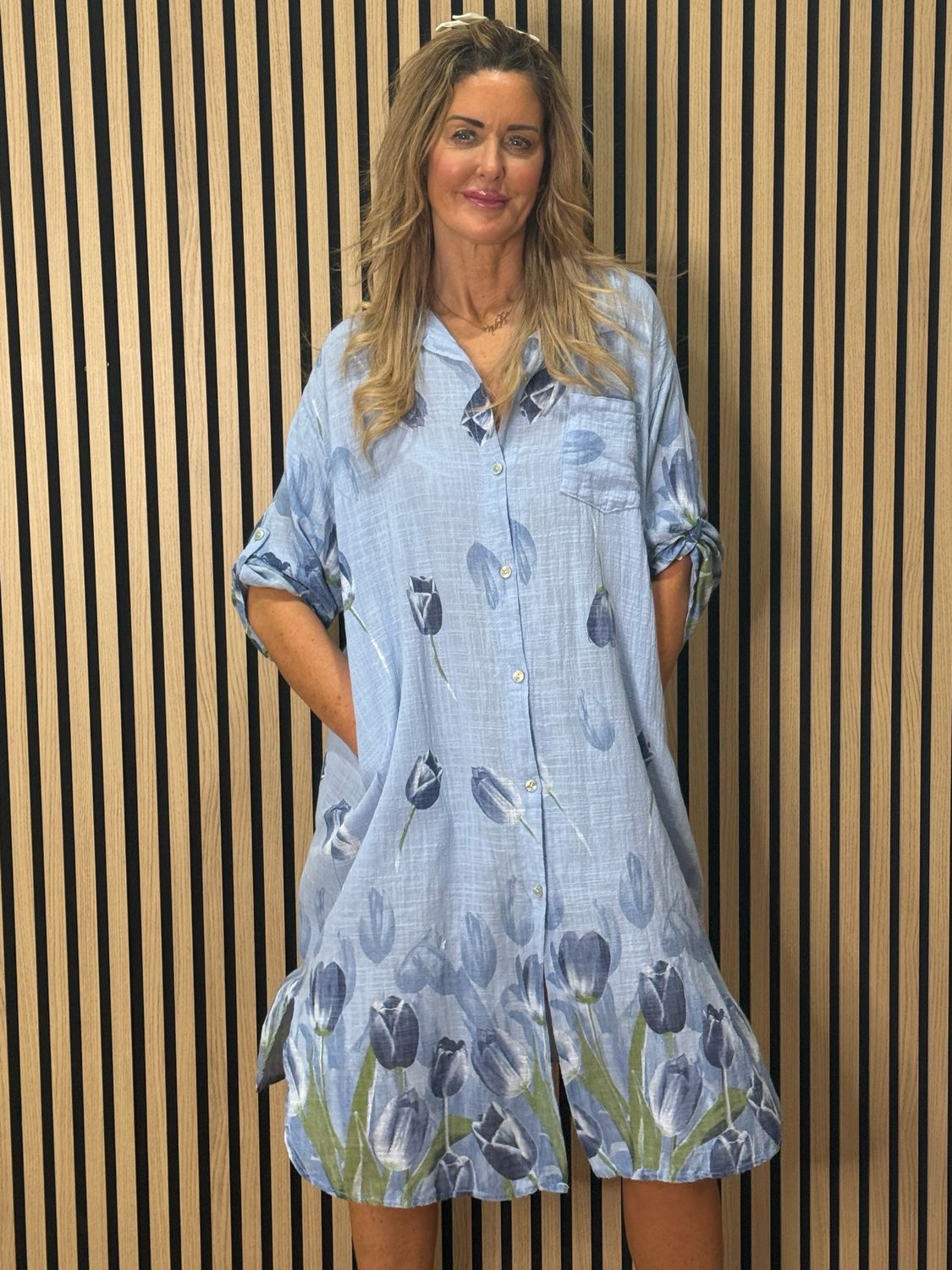 Tulip Print Shirt  Dress - Sky Blue