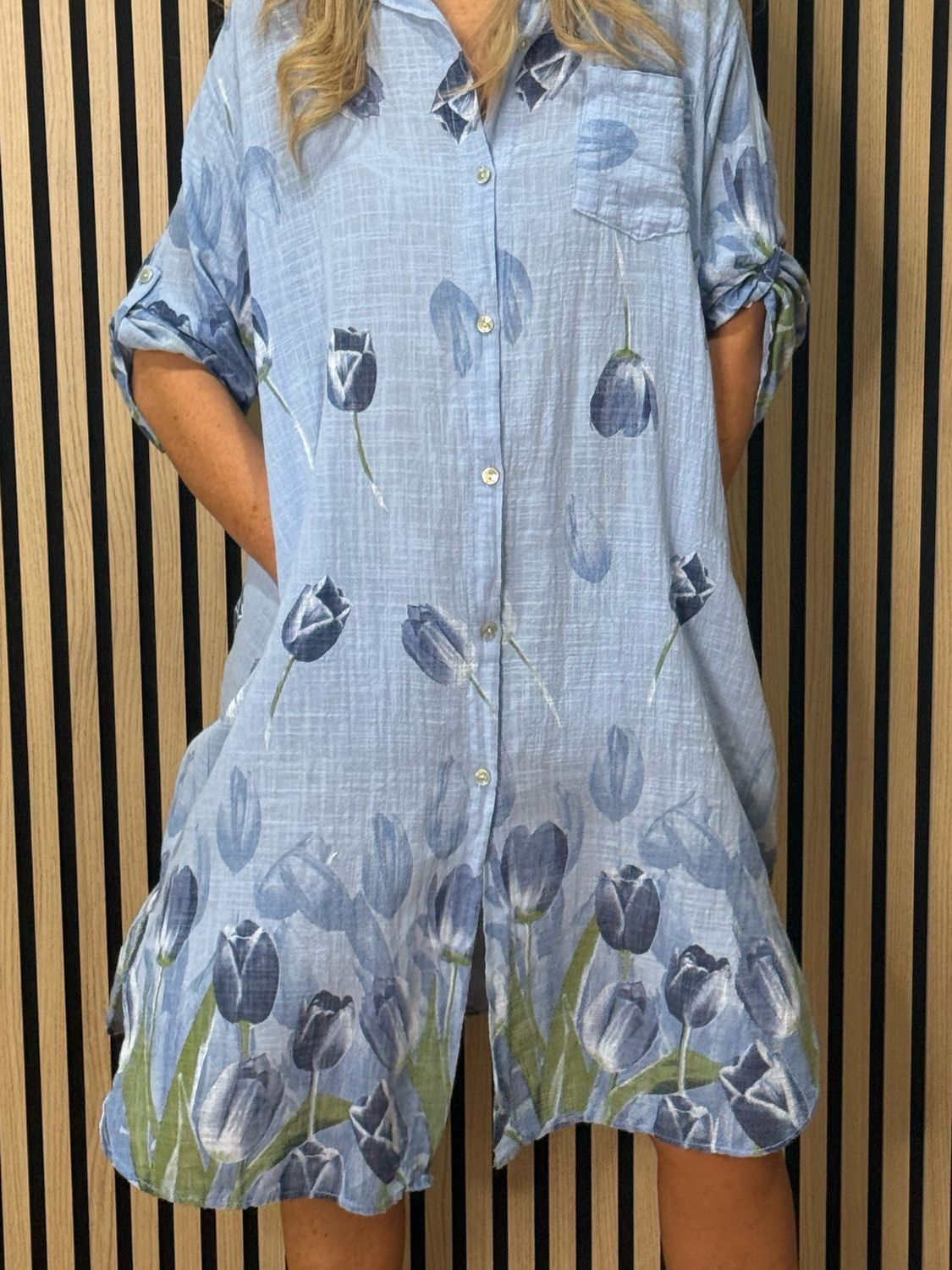 Tulip Print Shirt  Dress - Sky Blue