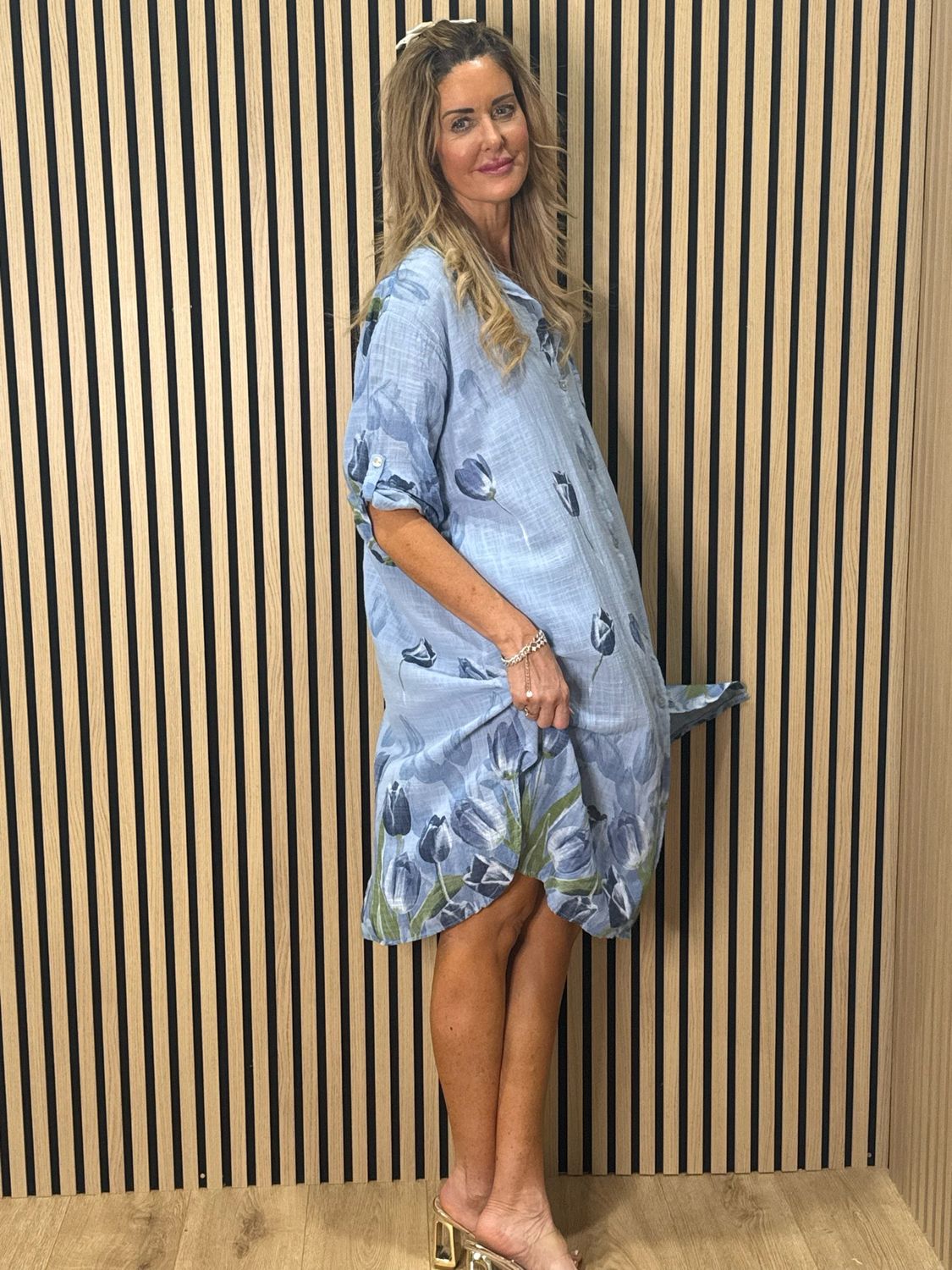Tulip Print Shirt  Dress - Sky Blue