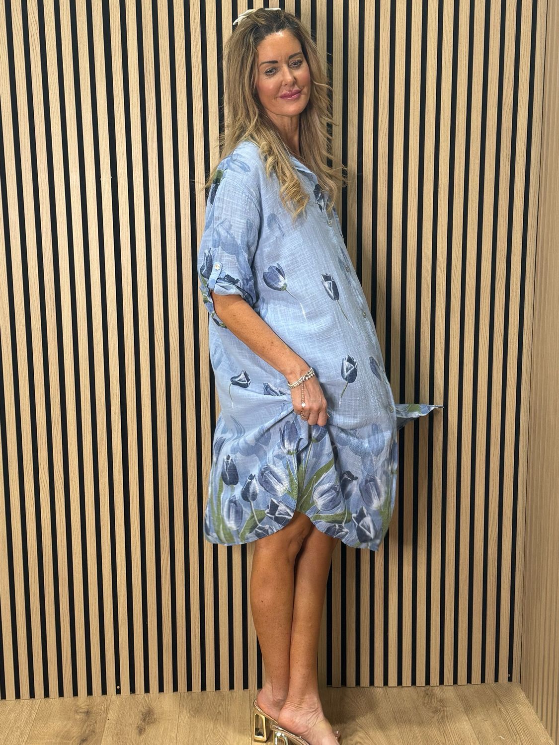 Tulip Print Shirt  Dress - Sky Blue