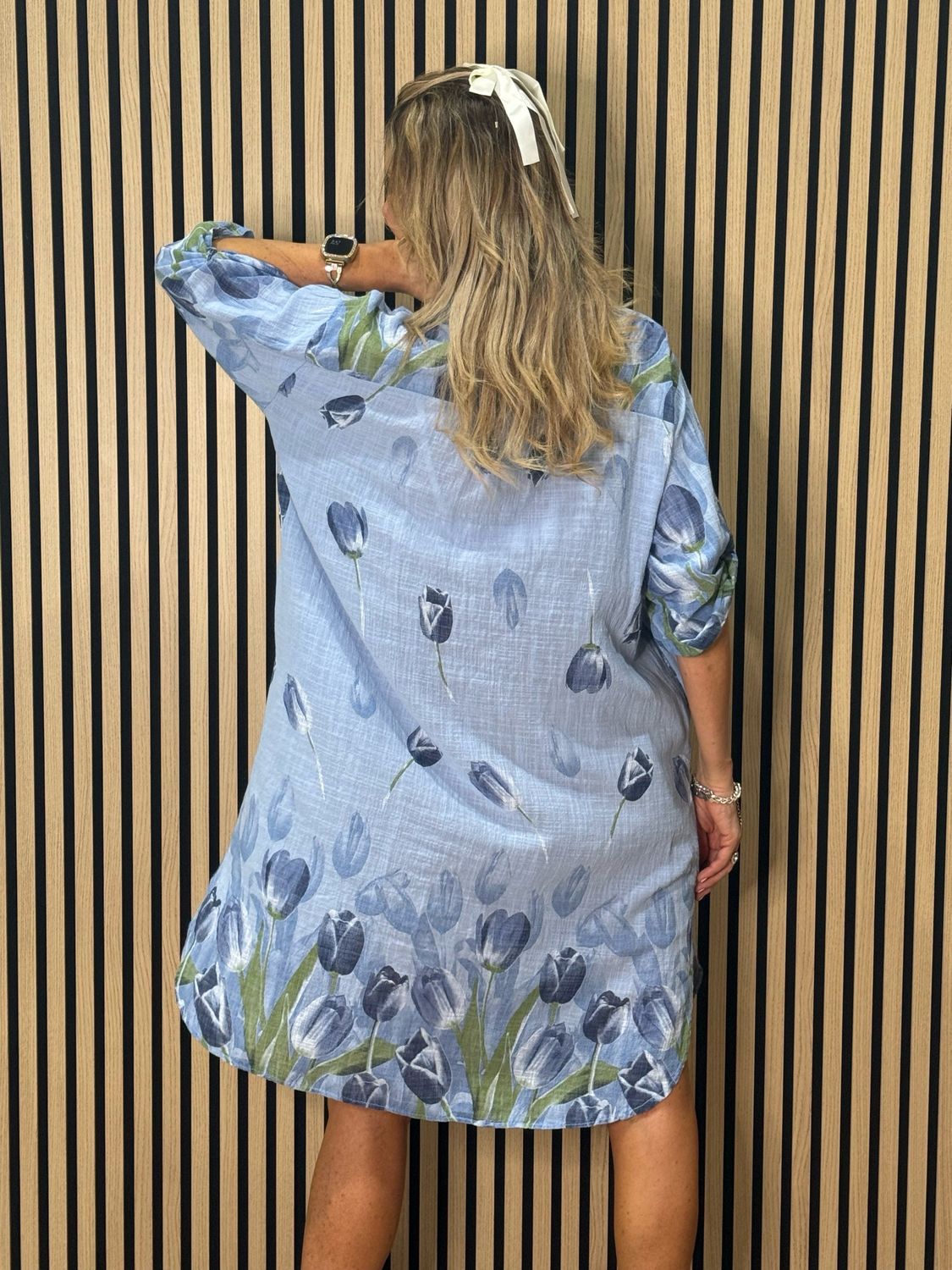 Tulip Print Shirt  Dress - Sky Blue